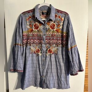Johnny Was Multicolor Embroidered Cotton Blend Bell Sleeve Blouse